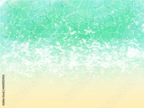 海辺や浜辺の砂浜の波打ち際のイメージの背景素材。手描きの水彩風テクスチャーとゆらゆらした水面の輝きのイメージ。細かい泡や光の粒子の輝くテクスチャー。