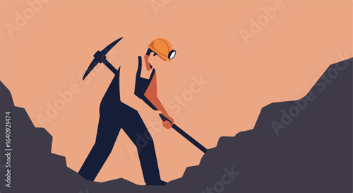 Miner hard at work, pickaxe in hand, excavating earth. Illustration in shades