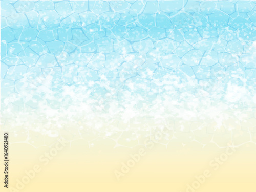 海辺や浜辺の砂浜の波打ち際のイメージの背景素材。手描きの水彩風テクスチャーとゆらゆらした水面の輝きのイメージ。細かい泡や光の粒子の輝くテクスチャー。