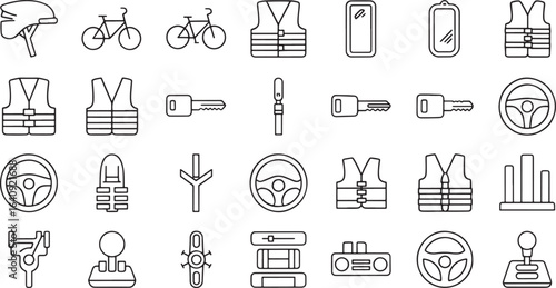 Line art icons representing various vehicle and safety equipment including helmets bicycles and life jackets