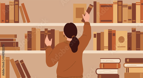 Back view of person putting a book on the shelf with many books in background