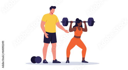 Woman squats with barbell. Personal trainer assists with her workout routine indoors