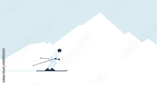 Skier glides downhill in white snow suit with mountain backdrop on a sunny day