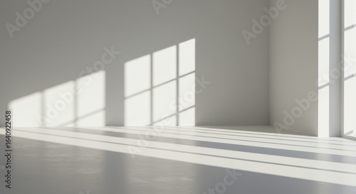 Sunlit empty room with bright windows casting shadows on clean white walls