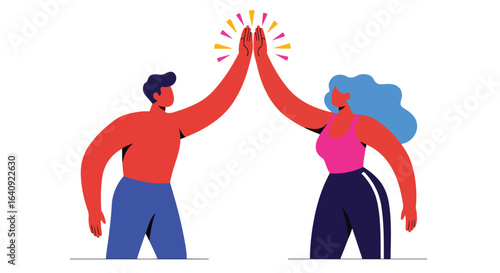 Two figures giving a high five, illustration. Orange & yellow rays emanating. Simple