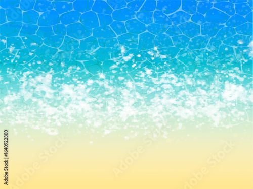 海辺や浜辺の砂浜の波打ち際のイメージの背景素材。手描きの水彩風テクスチャーとゆらゆらした水面の輝きのイメージ。細かい泡や光の粒子の輝くテクスチャー。