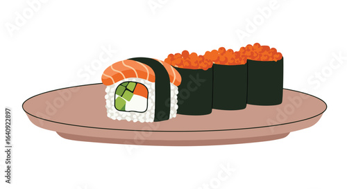 Sushi assortment on tan plate with rice, salmon and roe in seaweed wrap