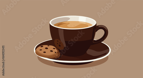 Cup of coffee sits on saucer with cookie on light brown background, minimalist art