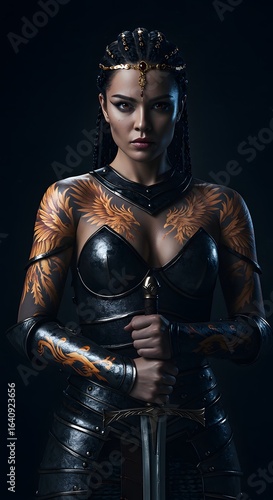 Female Warrior with Tattoos and Armor Holding a Sword