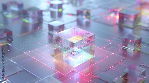 Bright central data crystal structure transmitting holographic signals to surrounding blocks in a data network grid .