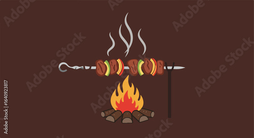 Campfire skewer cooking, meat & veggies skewered over a wood fire, smoke trails upward