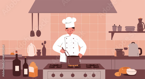 Chef cooking in kitchen. Pot, stove, chef's toque, cooking ware, and ingredients depicted