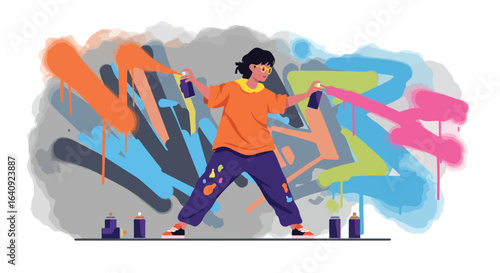 Artist with spray cans painting a graffiti wall with vivid, flowing, colorful designs