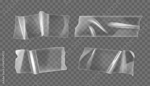 Transparent adhesive tape strips collection - clear plastic scotch pieces with wrinkled, folded edges and realistic light reflections for photo collage mockup design, packaging or stationery graphic