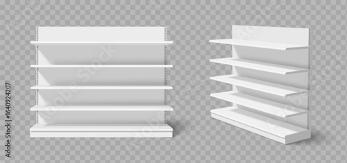 Empty white store shelves with metal brackets for supermarket or retail display - front and side view with multiple levels. Clean modern storage furniture for products and merchandise arrangement.