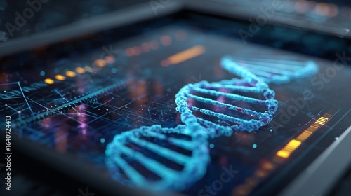 Digital DNA Strand: Futuristic Medical Technology Interface, Glowing Blue, Abstract Background