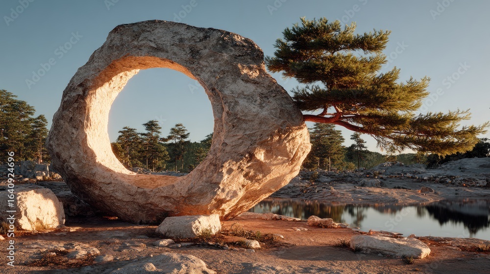 Fototapeta premium Large ring-shaped stone, bonsai tree, serene landscape