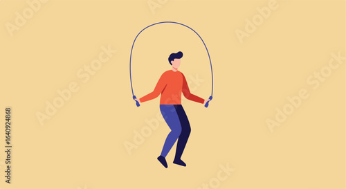Character jumps with rope in flat design on light brown background, facing the viewer