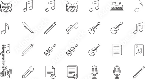 Line art icons representing musical notes drums instruments and school related items