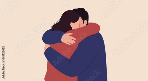 Couple hugging, wearing casual clothes. Embrace with affection