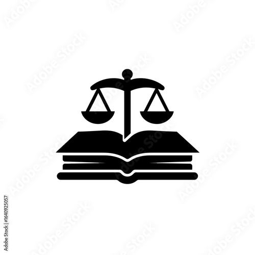 Black scales of justice balancing on an open book graphic, concept for legal guidance, jurisprudence study and courtroom document preparation