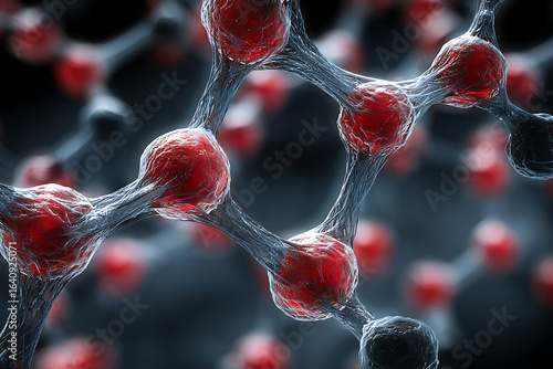 Microscopic View of Red Spheres Connected by Gray Fibrous Strands molecule molecular