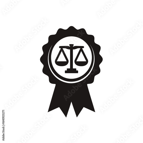 A black and white emblem showcasing the scales of justice inside of a badge shape. Concept for legal representation, ethical practice and impartial judgment