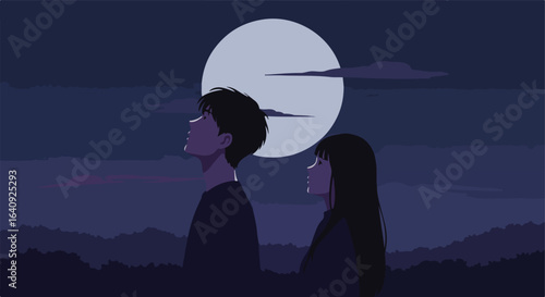 Couple stares at a full moon in a dark landscape, clouds in the night sky above