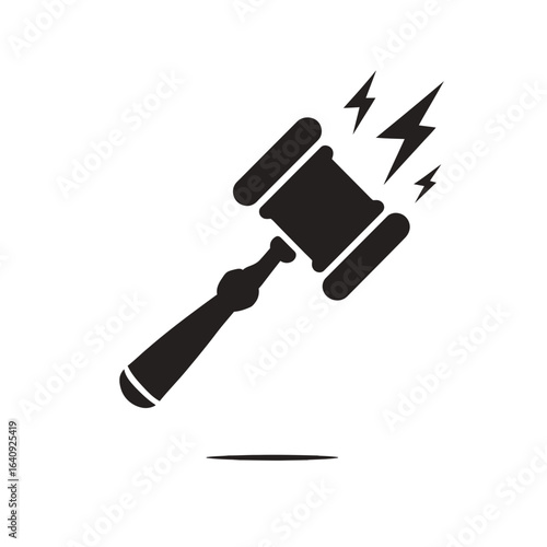 Black silhouette of a gavel accompanied by lightning bolts on a white backdrop, concept for legal action, judicial process and courtroom illustration