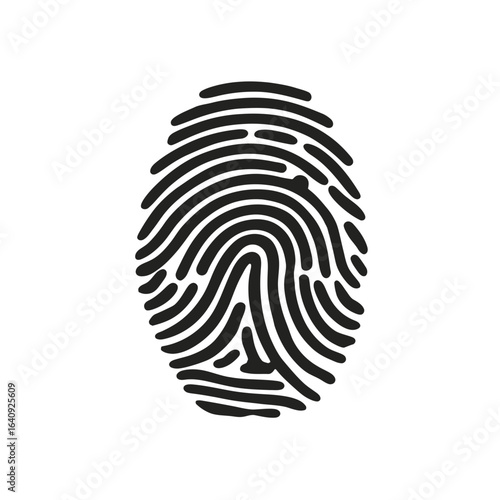 Isolated black fingerprint illustration on clean white backdrop represents unique personal identification concept for biometric authentication legal evidence and security system access