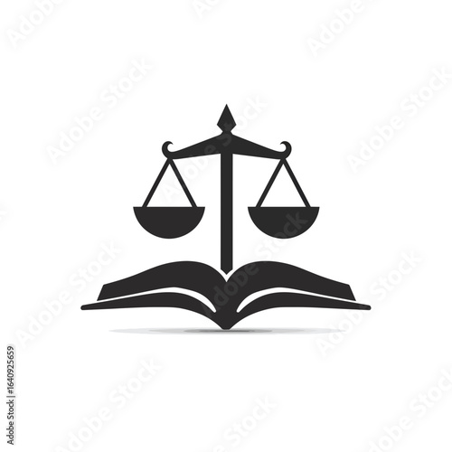 Stylized scales of justice balancing on an open book in minimalist design, concept for legal education advocacy and judicial system reform, fairness and equality