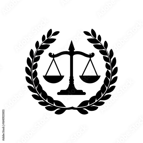 Scales of justice silhouette enclosed by a laurel wreath on white backdrop, concept for legal services symbol, juridical firm branding and court representation graphic design