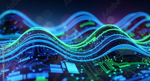Abstract digital waves of blue and green light flow over circuit board patterns