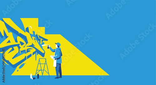 Mural artist at work, spraying blue graffiti on a yellow and blue wall