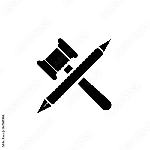 Abstract icon of gavel and pen crossed, representing legal process and documentation, concept for legal representation, judicial authority and attorney service