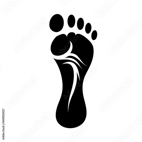 Stylized black footprint with abstract tribal design on white background for minimalist modern visual identity, concept for yoga studio branding, wellness clinic logo and podiatry service icon design