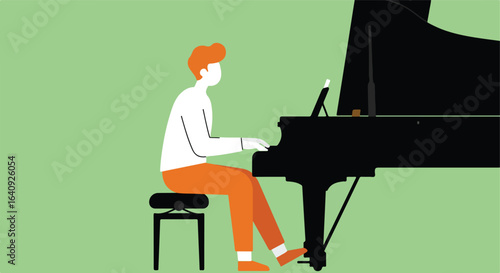 Cartoon of person in orange playing a grand piano on a black stool on green background