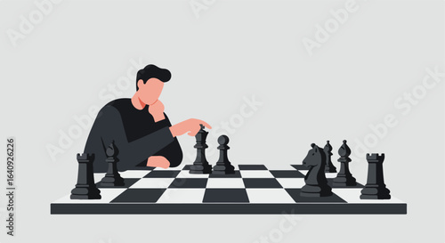 Chess player with black pieces poised to move, contemplative, strategic gameplay