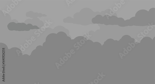 Illustration displays various shades of gray in a cloudy, misty environment