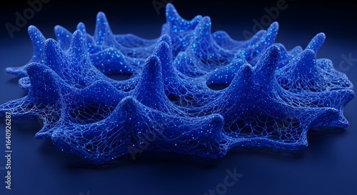 Abstract blue organic network structure with glowing particles science