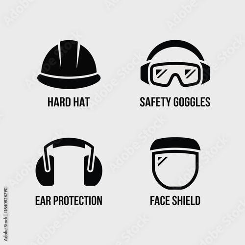 Essential safety gear icons including hard hat, safety goggles, ear protection, and face shield for workplace protection and hazard prevention