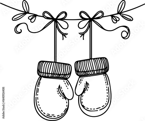 Hand-drawn winter mittens hanging with bows on a string  