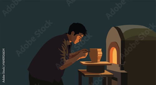 Potter working near furnace creating clay vase in dimly lit workshop area