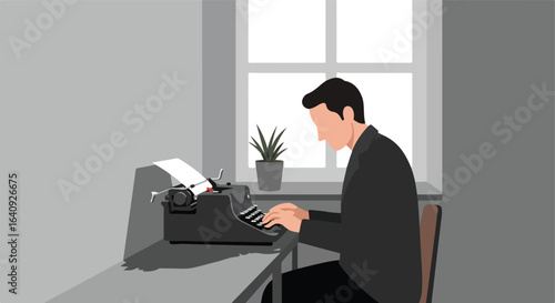 Man typing at a vintage typewriter in a gray room with plant and window
