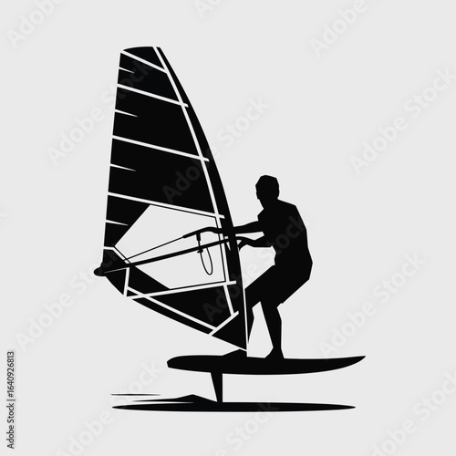 Dynamic silhouette of a windsurfer skillfully riding waves, capturing the exhilaration and freedom of watersports in a bold graphic style perfect for active lifestyle promotions
