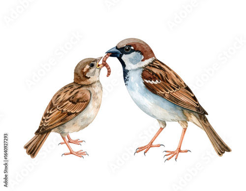 A watercolor illustration of two sparrows, a parent feeding a worm to its young.