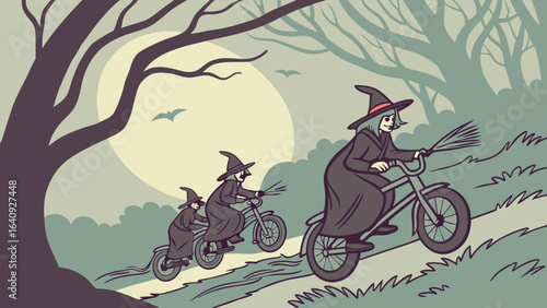 Three witches riding bicycles with brooms on a grassy hill under a full moon and bats in the sky near trees