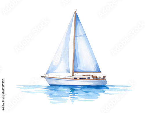 1-line description:
Elegant sailboat with blue and white sails on calm water in watercolor illustration on transparent background