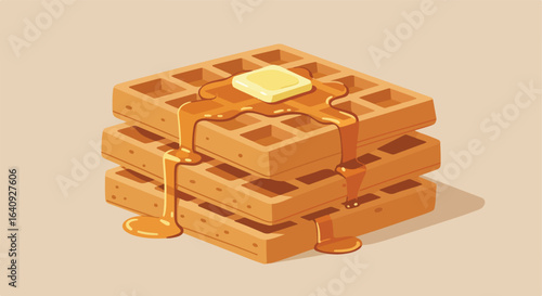 Stack of waffles, butter on top with maple syrup drizzled over it