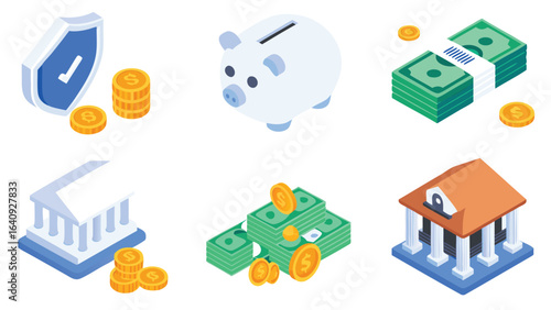 Isometric financial icons showing a piggy bank money stacks buildings and a shield with a checkmark